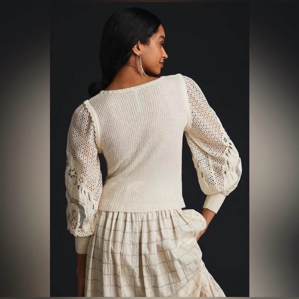 Anthropologie women's Eyelet Lace Sweater Ivory XS balloon embroidered sleeves - Picture 3 of 14